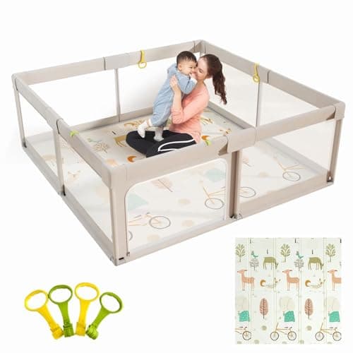 Mloong 150x150x68cm Box Bambini con Materassino, Recinto per Bambini, Box Neonato con Morbida Imbottitura, Recinto Neonato con Rete Traspirante Sui Quattro Lati e Ventose