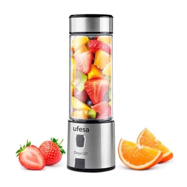 Ufesa Onyx Go!, Bottiglia Frullatore Portatile, Tritatutto Multifunzione, Blender Smoothie, 400 ml, Ricarica USB, Tappo Sport, 24x7,5x7,5 cm