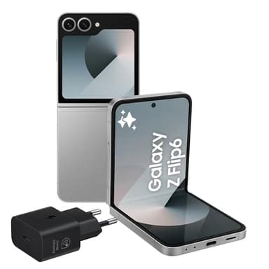 Samsung Galaxy Z Flip6 Smartphone AI pieghevole, Caricatore Incluso, RAM 12GB, 256GB, Dual SIM, Display 3,4" SAMOLED/6,7" Dynamic AMOLED 2X, Fotocamera 50 MP, Silver Shadow [Versione italiana]
