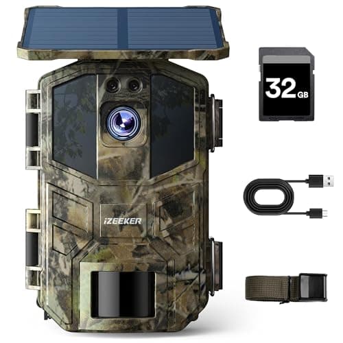 iZEEKER Fototrappola Solare, 4K 48MP Fototrappola Notturna con Visione Notturna, IP66 Impermeabile, Tempo di Attivazione 0,1s per la Sorveglianza della Fauna Selvatica con Scheda SD da 32 GB