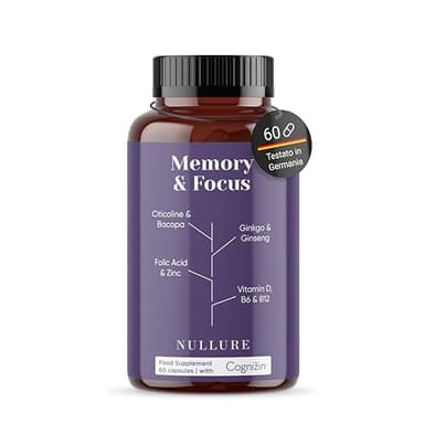 Nullure Nootropico Potente | Citicolina brevettata + Ginkgo Biloba | Integratore Memoria e Concentrazione |Testato da terzi |Senza additivi| Cognizin® Ginko Biloba Bacopa Monnieri | Vegano | 60 cap