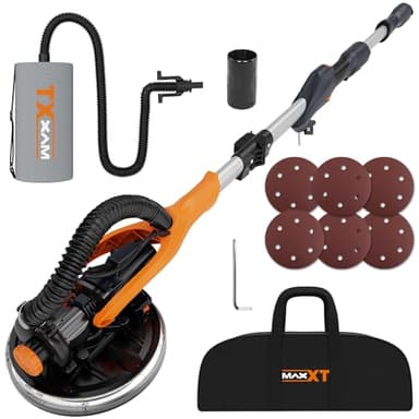 MAXXT Levigatrice per cartongesso Pieghevole Con aspirazione polvere VERO sistema di autoaspirazione Luce LED impugnatura telescopica Velocità variabile Motore 820W Sei dischi abrasivi 225mm