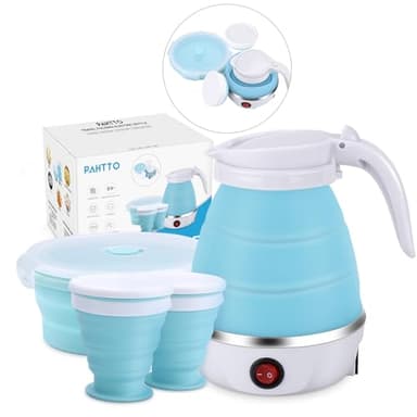 PAHTTO Bollitore elettrico pieghevole, bollitore portatile in silicone con funzione di ebollizione rapida, bollitore da viaggio da 600 ml con 2 tazze e 1 ciotola, per vacanze in campeggio e in viaggio