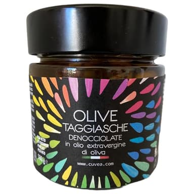 Olive taggiasche denocciolate della Liguria in olio extravergine di oliva Cuvea - 180 g - 100% Olive Taggiasche Liguri - Ricetta semplice senza conservanti né coloranti né correttori di acidità