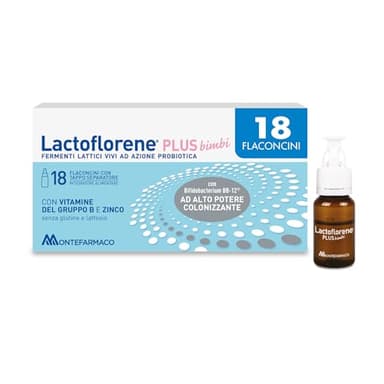 Lactoflorene Plus Bimbi, Fermenti Lattici, Probiotici, Senza Glutine Senza Lattosio - Integratori Bambini con Probiotici, Zinco, Vitamina B per l’Equilibrio della Flora Intestinale (18 Flaconcini)