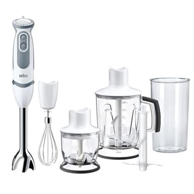 Braun Minipimer 5245 – Frullatore a mano, 1000 W, 21 velocità e funzione turbo, anti-schizzi, 4 accessori (fruste, mini tritatutto 350 ml, frullatore a bicchiere da 1,25 l, misurino da 600 ml) bianco
