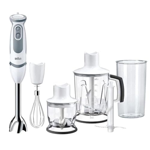 Braun Minipimer 5245 – Frullatore a mano, 1000 W, 21 velocità e funzione turbo, anti-schizzi, 4 accessori (fruste, mini tritatutto 350 ml, frullatore a bicchiere da 1,25 l, misurino da 600 ml) bianco