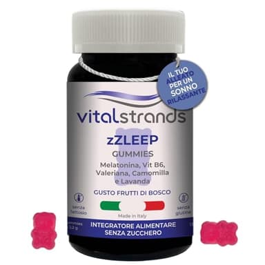 VITALSTRANDS zZLEEP | Melatonina per Dormire forte con l'aggiunta di erbe | Pastiglie per Dormire Meglio con Melatonina e Valeriana, Vitamina B6, Camomilla e Lavanda | 60 Caramelle per Dormire
