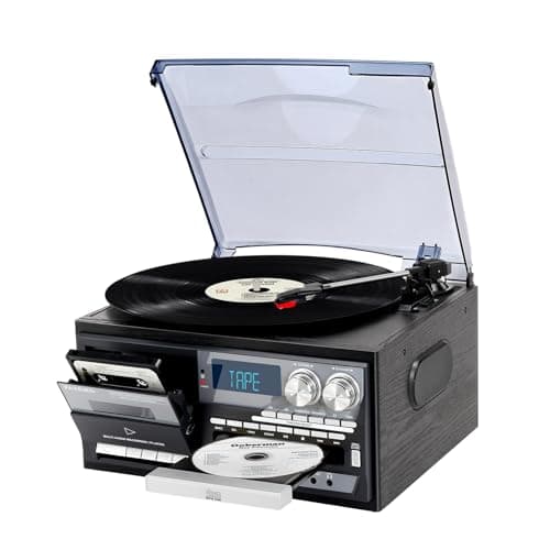 9 in 1 Giradischi con 3 Velocità Giradischi Bluetooth, Radio AM/FM, CD/Cassette, USB/SD/MMC e Telecomando