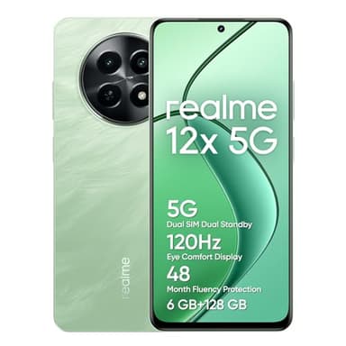 realme 12x 5G Smartphone 6+128 GB, Fotocamera con AI da 50 MP, Dual Standby 5G, Protezione della fluidità per 48 mesi, Display da 120 Hz, NFC a 360°, Batteria da 5.000 mAh, Feather Green(no adapter)