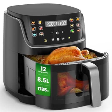 Friggitrice ad Aria, 8,5L XXL con LED Touch Display a Colori, 12 Funzioni, Air Fryer con Finestra, Lavabile in Lavastoviglie, 1785W Friggitrice Senza Olio con Suono di Avviso - G12 Ultra