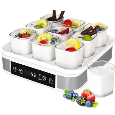 Yogurtiera Elettrica, Macchina per Yogurt in Argento Premium, Yogurtiera con 9 Vasetti da 170 ml, Yogurt Senza Zucchero Fatto in Casa, con Timer Digitale, Arresto Automatico, Display LCD, 40 W