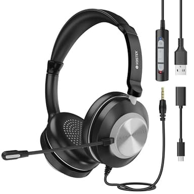 Voistek Cuffie USB con Microfono a Cancello del Rumore per PC e Portatile,Auricolari Cablate On-Ear Computer con Microfono e Controllo del Volume in Linea per Call Center,Skype,MS Teams,Zoom,Ufficio
