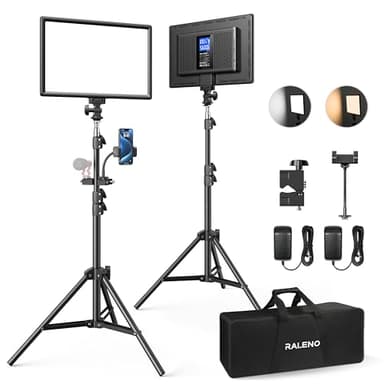RaLeno Luce Fotografica Kit di Illuminazione a 384 LED con Treppiede, Batteria Integrata da 8000mAh, 3200-5600K Bicolore Dimmerabile CRI95 per YouTube Fotografia Registrazioni Video in Studio