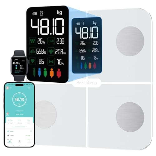 Bilancia per grasso corporeo, bilancia digitale con grasso corporeo e massa muscolare, per 15 dati corporei, misurazione della frequenza cardiaca, per Apple Health & Samsung Health