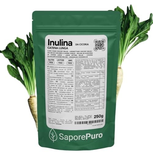 SaporePuro Inulina da cicoria 250 gr - CATENA LUNGA - Fibra vegetale prebiotica da radici di cicoria - Polvere di inulina ad alte prestazioni per la sostituzione dei grassi
