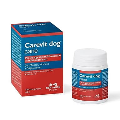 NBF Lanes | Carevit Dog Cane, 100 Compresse Divisibili, Apporto Multi-Minerale e Multi-Vitaminico in caso di Accrescimento, Gravidanza e Allattamento, Impegno Sportivo, cani anziani