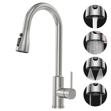 SREWOHS PRO Rubinetto Lavello Cucina,Miscelatore con Estraibile, 4 Modalità,Rotazione a 360°,Flessibile,Arco alto(227mm),Alta Pressione,1 foro,G3/8,Maniglia singola Acciaio inox Rubinetti,Nichel