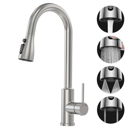 SREWOHS PRO Rubinetto Lavello Cucina,Miscelatore con Estraibile, 4 Modalità,Rotazione a 360°,Flessibile,Arco alto(227mm),Alta Pressione,1 foro,G3/8,Maniglia singola Acciaio inox Rubinetti,Nichel