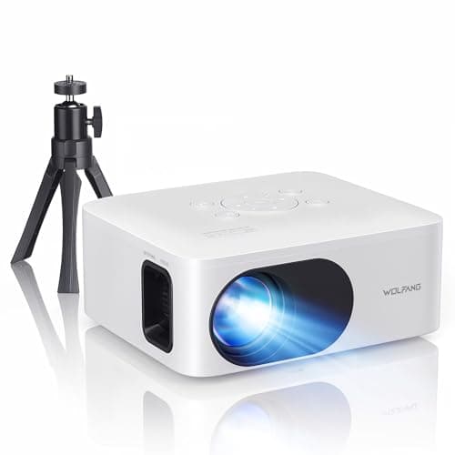 WOLFANG Mini Proiettore con Treppiede, Proiettore Portatile 1080P Full HD Supporto, Videoproiettore per Home, ±15° Keystone, 25% Zoom, Compatibile con iOS/Android/Tablet/HDMI/TV Stick/USB/TF