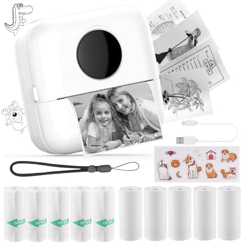 Mini Stampante Fotografica,Stampante Termica,immagine per foto, stampa di ricevute,stampante fotografica,con 10 rotoli di carta 1 adesivo per smartphone, per Fotografica Note Elenco Memo (White)