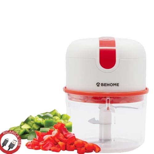 BEHOME Tritatutto Ricaricabile USB Senza Fili, Capacità 250 ml | Mini Tritatutto da Viaggio con Lame Acciaio inossidabile per Carne, Verdure, Frutta, Rosso e Bianco