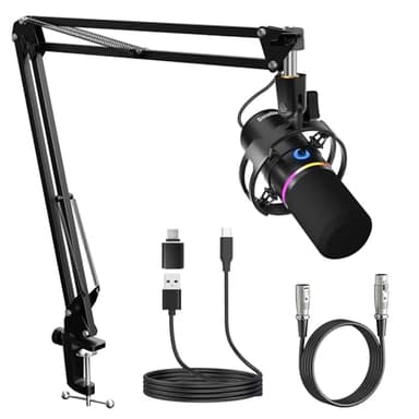 socodox Kit Microfono Dinamico XLR/USB, Microfono per PC per Streaming, Podcasting, Gaming, RGB, Funzione Mute e Riduzione Rumore, Controllo Volume, Jack per Cuffie, Microfono con Braccio Boom