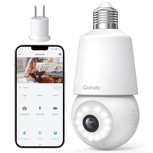 Codnida 2K Telecamera Lampadina WiFi Esterno per E27 Portalampada, PTZ Videocamera di Sorveglianza con Allarme Sonoro e Luminoso, Tracciamento del Movimento, visione notturna a colori, LC323