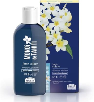 Helan, Monoi de Tahiti - Crema Solare SPF 6, Crema Abbronzante Corpo Water Resistant con Protezione Solare Bassa, Latte Crema Corpo Profumata Idratante con Vitamina E e Olio di Crusca di Riso, 200 ml