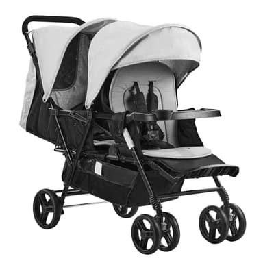 VEVOR Passeggino Doppio, Schienale/Poggiapiedi Regolabili, Passeggino Gemellare Pieghevole, Cintura di Sicurezza Avvolgente, Cestino Portaoggetti, per Neonati, Bambini Piccoli (Grigio Chiaro, Nero)
