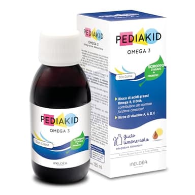PEDIAKID - Integratore alimentare Pediakid Omega 3 - Formula esclusiva con sciroppo d'agave - Ricco di DHA - Contribuisce alla normale funzione cerebrale - Gusto limone-cola - Flacone da 125 ml