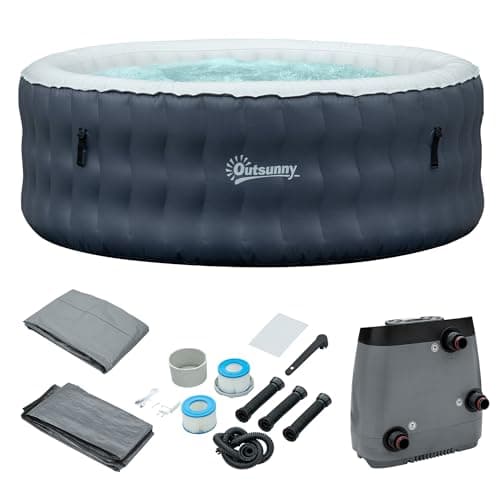 Outsunny Piscina Idromassaggio Gonfiabile con 108 Getti, Spa Riscaldante fino 42℃ con Filtro e Pompa Esterna Separata, 195x195cm, per 4-6 Persone, Blu Scuro