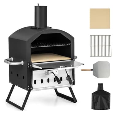 KOMFOTTEU Pizza aperta all'aperto, forno per pizza a 2 livelli 600 ℃, forno a legna portatile in acciaio inox, forno per pizza per giardino, mini oven con pietra per pizza, griglia impermeabile