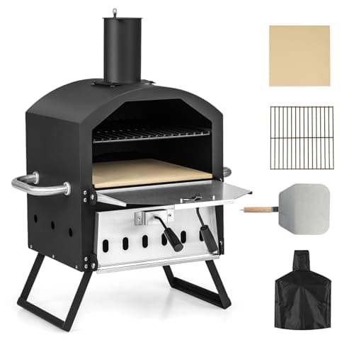 KOMFOTTEU Pizza aperta all'aperto, forno per pizza a 2 livelli 600 ℃, forno a legna portatile in acciaio inox, forno per pizza per giardino, mini oven con pietra per pizza, griglia impermeabile