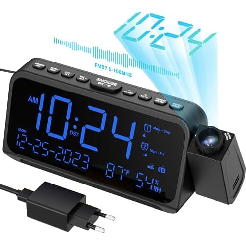 Sveglia con Proiettore Radiosveglia Digitale da Comodino 270°, 12/24H Display con Dimmer Snooze modalità Weekend Grandi Numeri Temperatura Data, Sveglie FM Radio 2 e Cavo USB, Batteria Backup
