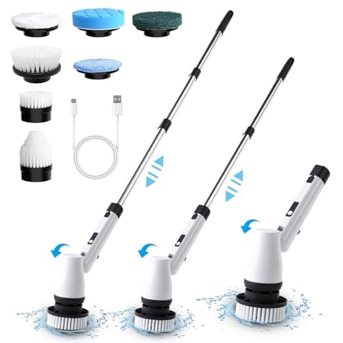 Spazzola Rotante Pulizia Elettrica-Spazzola Elettrica Per La Pulizia Con 7 Teste Di Foratura Intercambiabili - Scrubber Elettrico Con 2 Velocità Regolabili per bagno, vasca, WC, cucina(Bianco)