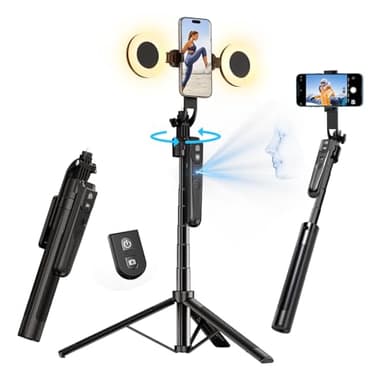 yAyusi Automatico Volto Rilevamento Treppiede con Luce, Senza App, 360° Rotazione 180cm Treppiede per Telefono con Sensore di Movimento, Supporto per Telefono con Doppie Luci per Vlog/Video/Stream
