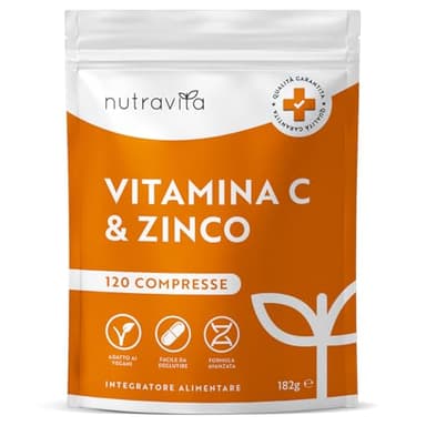 Vitamina C Pura Alto Dossagio 1000mg + Zinco 15mg – 120 Compresse Vegane - Integratori Vitamina C Zinco ad Alta Resistenza - Sostiene il Sistema Immunitario, Pelle, Ossa, Unghie, Capelli – Nutravita