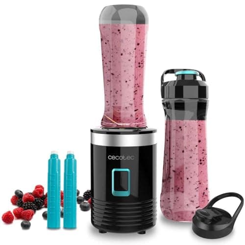 Cecotec Frullatore Portatile Individuale Power Titanium 300 EasyGo. 350W, Trita Ghiaccio, 4 lame con Rivestimento in Titanio Nero, Include 2 Tubi Refrigeranti, 2 Bicchieri Portatili e 2 Coperchi