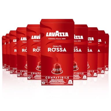 Lavazza, Qualità Rossa, 100 Capsule di Caffè in Alluminio Compatibili con Macchine Nespresso Original, con Note di Cioccolato e Frutta Secca, Arabica e Robusta, Intensità 10/13, Tostatura Media