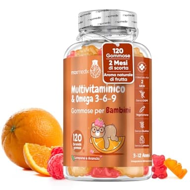 Vitamine Bambini con Omega 3 6 9, 120 Gommose (2 Mesi), 12 Vitamine con Zinco e Inositolo, Multivitaminico Bambini, Gusto di Lampone e Arancia, per Vegetariani, Adatto dai 3 ai 12 Anni, Senza Glutine