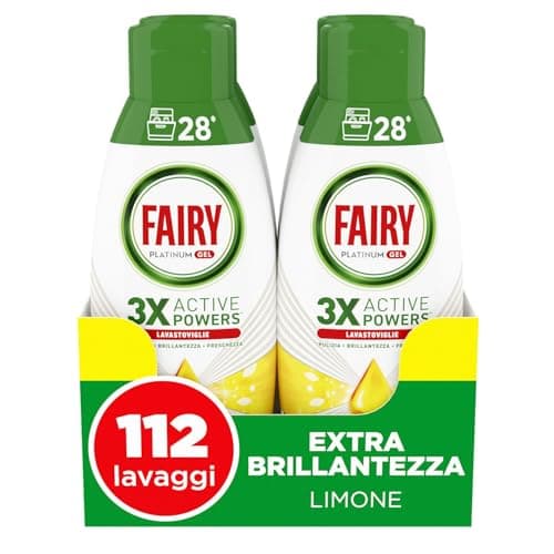 Fairy Detersivo Lavastoviglie Gel Liquido,112 Lavaggi, Confezione da 4 Bottiglie, Platinum Limone, Dona Extra Brillantezza Alla Lavastoviglie, Combina Pulizia Brillantezza E Freschezza