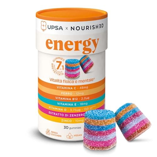 UPSA Gummies - Vitalità Fisica e Mentale, Riduzione Stanchezza Gummies x30 - Senza Zuccheri - Vitamine C, D, B12, Zinco, Ferro e Zenzero - Energy Integratore Alimentare - con Edulcoranti, Vegan