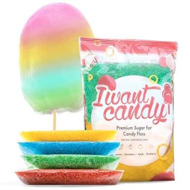 4 x 200 Grammi di Zucchero Filato per Macchina Zucchero Filato (800 grammi in totale) | Banana, Fragola, Mela, Mirtillo | Aromi naturali e coloranti senza AZO | Set di Zucchero Filato di I WANT CANDY®