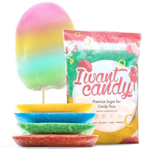 4 x 200 Grammi di Zucchero Filato per Macchina Zucchero Filato (800 grammi in totale) | Banana, Fragola, Mela, Mirtillo | Aromi naturali e coloranti senza AZO | Set di Zucchero Filato di I WANT CANDY®
