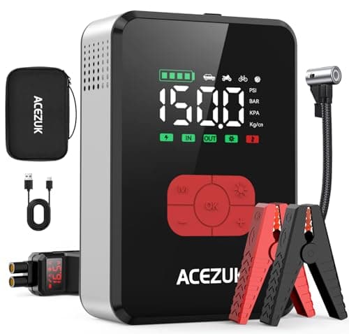 ACEZUK Avviatore Batteria Auto con Compressore 6000A 150PSI,Avviatore Emergenza per Auto/Moto 12V（Tutti Gas o 12L Diesel）Jump Starter 3.4" LCD/ 600LUMEN LED
