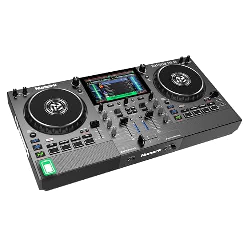 Numark Mixstream Pro Go - Controller a batteria per DJ con mixer e separazione stem, casse, Wi-Fi, schermo touch, compatibile con Serato DJ