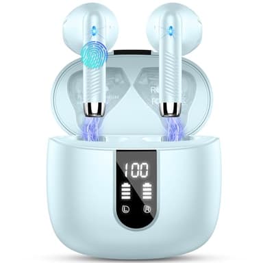 Cuffie Bluetooth, Auricolari Bluetooth 5.3 Cuffie Wireless in-ear con 4 ENC Mic, Cuffie Senza Fili Cancellazione Rumore, Mini Cuffiette Bluetooth IP7 Impermeabile HiFi Stereo LED Display USB-C Ciano