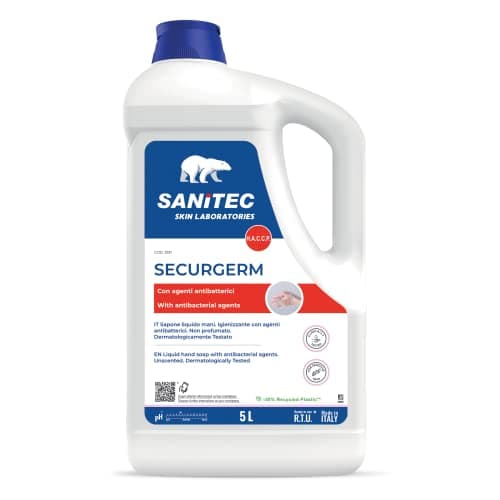 Sanitec, Securgerm, Sapone Liquido Igienizzante per le Mani, Detergente Liquido con 2 Antibatterici a pH 5.5, Dermatologicamente Testato, Made in Italy, Non profumato, 1 flacone da 5L 5000ml