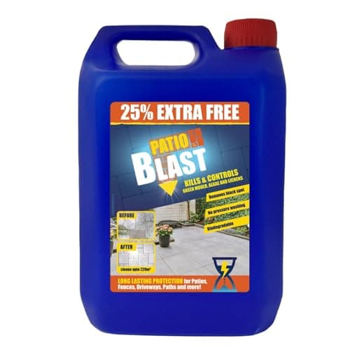 Patio Blast Liquido detergente – ad alta efficacia per rimuovere alghe, muschio e muffe per giardino, sentieri, vialetti e terrazze, formula spray e foglie a lunga durata, 5 l
